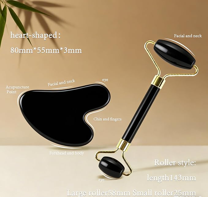 Jade Roller Gua Sha Tools – Nature Gua Sha Facial Tool Skin Tightening Face Massager Anti-Aging Jade Face Roller Puffiness Reducing Guasha Stone for Women Men (Black)