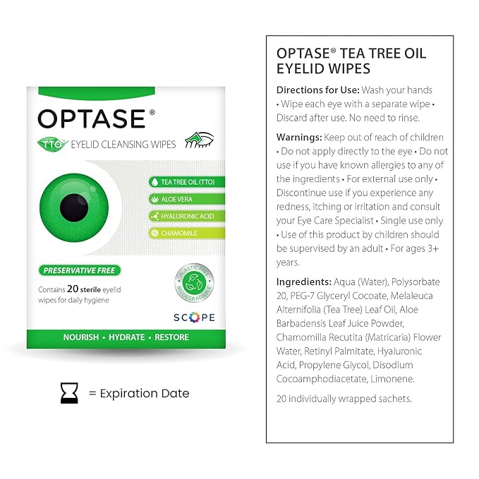 OPTASE TTO Eyelid Cleansing Wipes, 20 Count – Individually Wrapped Tea Tree Oil Eyelid Wipes – Preservative-Free Formula for Daily Use – Eye Doctor Recommended Tea Tree Eye Lid Cleanser