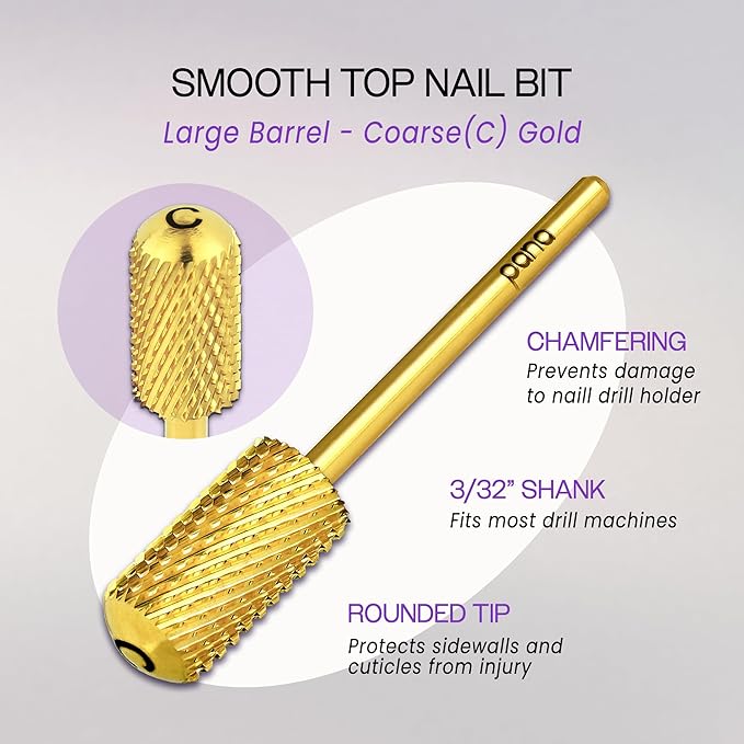 PANA 3/32" Large Smooth Round Top Safety Carbide Nail Drill Bit for Gel Polish & Acrylic Removal Nail Salon Manicure Pedicure Electric File Tools (Large Barrel - Gold, Coarse)