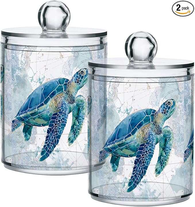 2 Pack Sea Turtle Pattern Apothecary Jars with Lid, 10 Oz Clear Plastic Apothecary Jar Set Qtip Holder Storage Containers for Cotton Ball Swabs Bathroom Vanity