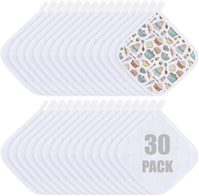 Uiifan 30 Pieces Cotton Pot Holders for Kitchen Washable Heat Resistant Potholders Oven Hot Pads for Cooking and Baking, 7.87 x 7.87 x 0.2 Inch (White)