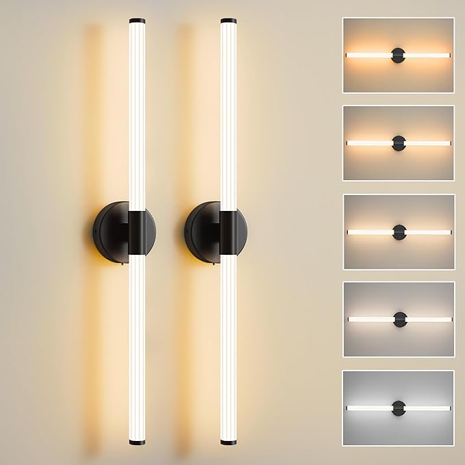 Bathroom Wall Sconces Set of 2 Hardwired Dimmable 5CCT LED Bathroom Light Fixtures Over Mirror 360° Full Lighting 31" Long Vanity Light Bar Modern Black Wall Sconce for Bath Bedroom Living Room
