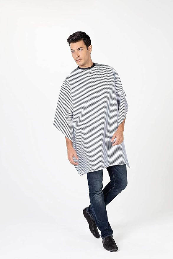 Betty Dain Seersucker Classic Barber Cutting/Styling Cape, Classic Seersucker Stripe, Soft, Machine Washable Nylon Fabric, Repels Hair, Snap Closure at Neck, Black/White Stripe, 45 x 54 inches