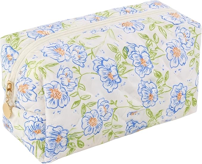 Floral Quilted Cotton Makeup Bag for Women, Large Capacity Travel Cosmetic Pouch with Zipper, Cute Toiletry & Brush Organizer, Kawaii Makeup Storage Case – Blue Flowers