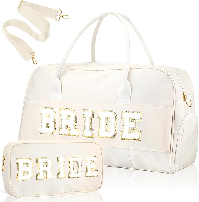 2 Pcs Wedding Weekender Bag Bride Groom Duffle Bag Chenille Letter Patch Travel for Bridal Shower Honeymoon Gift(Bride,White)