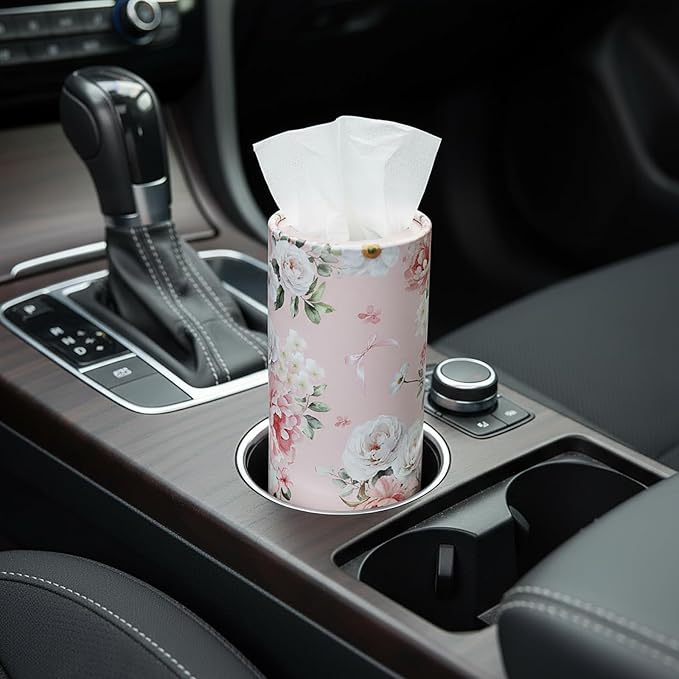 Ctosree 300 Sheets Spring Car Tissues Holder with Facial Tissues 3-ply Travel Tissue Tubes 6pk Floral Cylinder Box Container Fit for Car Cup Holder Office Decoration, 7.1 Inch(Champagne,White)