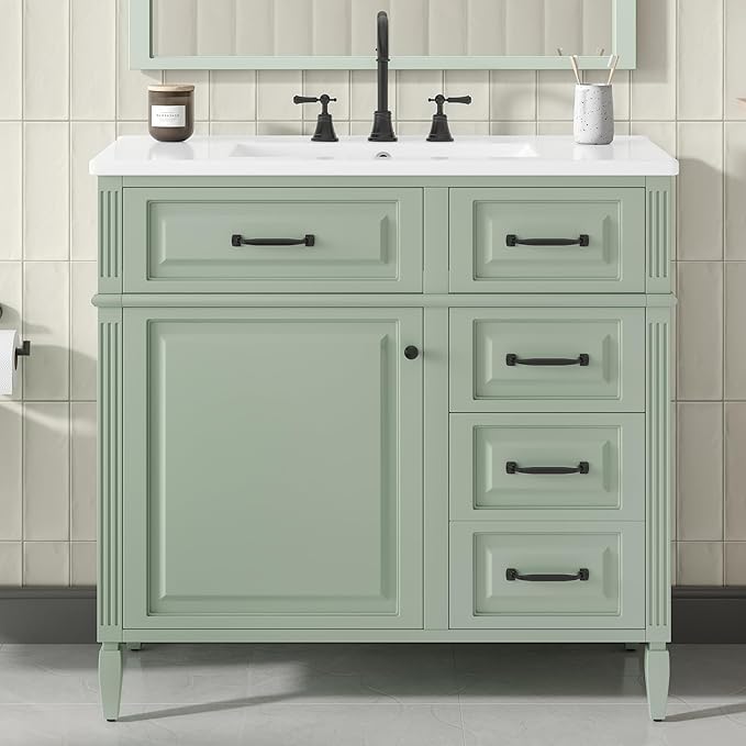 Harper & Bright Designs 36" Bathroom Vanity with Sink, Free Standing Vanity Set with 4 Drawers, Storage Racks, and Adjustable Shelf, Wood Bathroom Cabinet with Ceramic Basin for Bathroom, Green