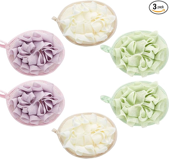 Boao 3 Pcs Bath Shower Pouf Sponge Mesh Pouf Shower Ball Exfoliating Body Sponge Pad Scrubber Glove with Flower Bath Ball (Beige,Green,Purple)