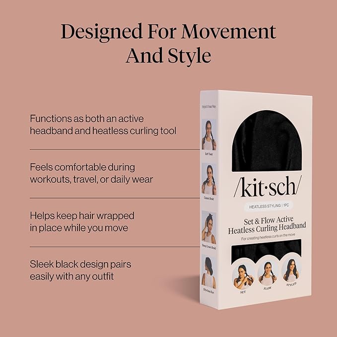 Kitsch Set & Flow Active Heatless Curling Headband For Women – Achieves Heatless Curls Overnight, No Heat Damage | Heatless Curlers with Flexible Fit | Great During Gym Sessions, Travel - Black, 1pc