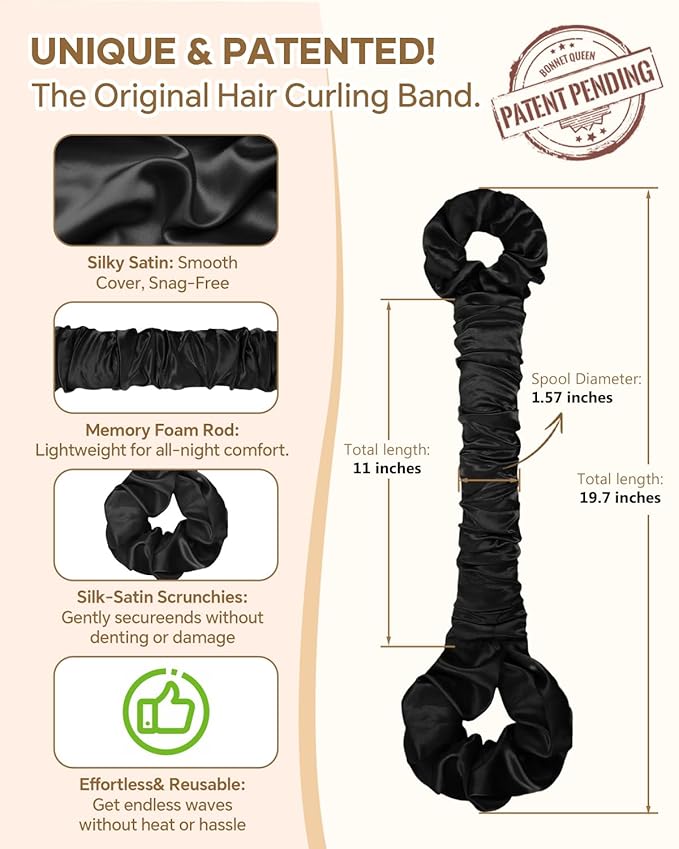 BONNET QUEEN Satin Heatless Hair Curler, Overnight Curls for Long Hair, ultra soft Heatless Curling Rod & 2 Scrunchies,Damage-Free Styling, Soft Hair Curlers for Overnight Use(Black)