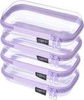 YQBRA 4 Pack Clear Hard Shell Zipper Case, See-Through Hard Plastic Organizer Pouches with Zipper for Travel, Toiletries, Makeup, Electronics & Pencils - Crush-Resistant Storage (S Purple)