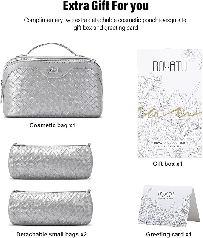 BOYATU Travel Makeup Bag Cosmetic Bags for Women: Large Capacity 3 Pcs Set Make up Bag with Compartments - Waterproof Vegan Leather Toiletry Organizer Bags with Handle (L11 Silver)