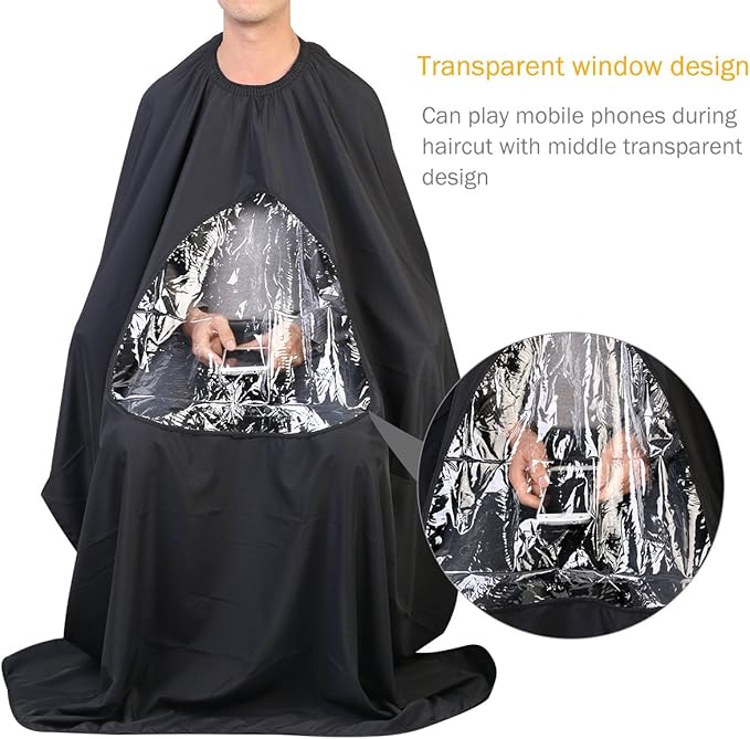 ULTNICE Salon Home Barbers Hairdressing Cape Gown with Viewing Window for Hair Cutting 63 * 57"(Black)