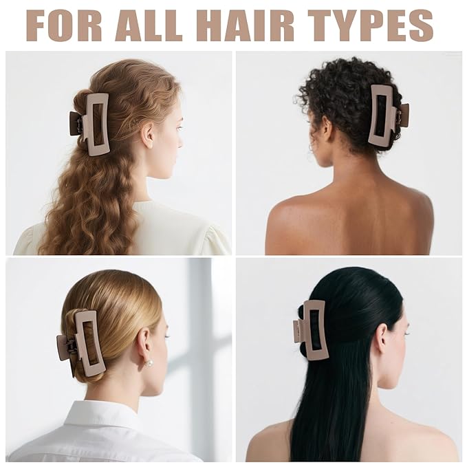 TOCESS Hair Claw Clips for Women - 8PK Large Neutral Matte Square Jumbo Hair Clips for Thick, Thin, Long, Short, Curly Hair Girls, Big Jaw Clip Set for Daily Use (Camel Khaki)