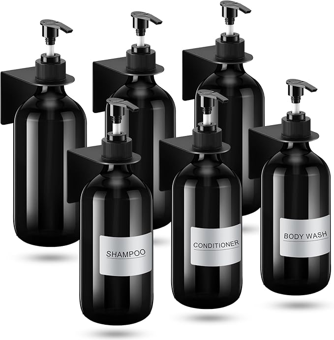 Remerry 6 Pack Shampoo and Conditioner Dispenser Wall Mount 17oz No Drill Shampoo and Conditioner Dispenser with Matte Pump and Waterproof Labels Shower Soap Bottles Wall Mounted for Home Bathroom
