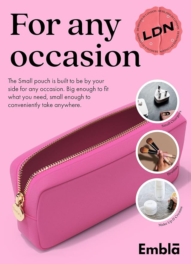Embla Makeup Bag Travel Cosmetics Pouch and Toiletry Bag, Nylon Zipper Pouch Purse, Cute Make Up Organizer Storage Tote for Women Girls, Travel Skincare Case, Small Makeup Bags,Bubblegum
