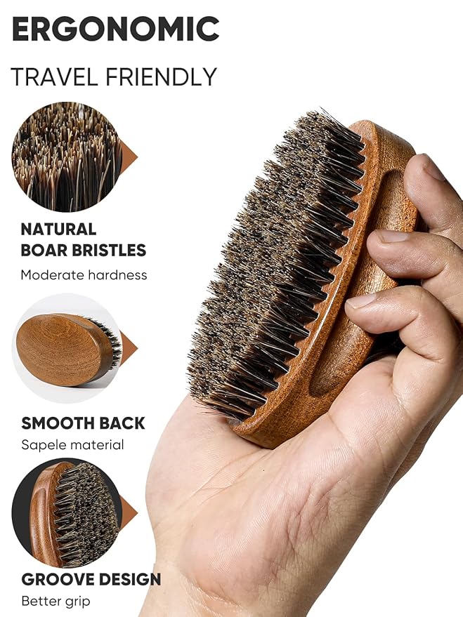 Beard Brush, Natural Boar Bristles Beard Brush for Men and Wooden Sandalwood Pocket Beard Comb Set, Facial Hair Grooming Kit with Mustache Scissors as a Styling Tool, Growth, Detangles, Shine