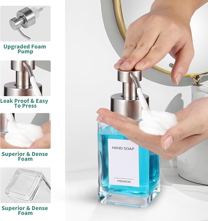 Foaming Soap Dispenser, 12oz/350ml Glass Foaming Hand Soap Dispenser Set,Refillable Foam Dispenser with Foaming Pump, Labels, Square Hand Dispenser for Bathroom, Kitchen 1 Pack