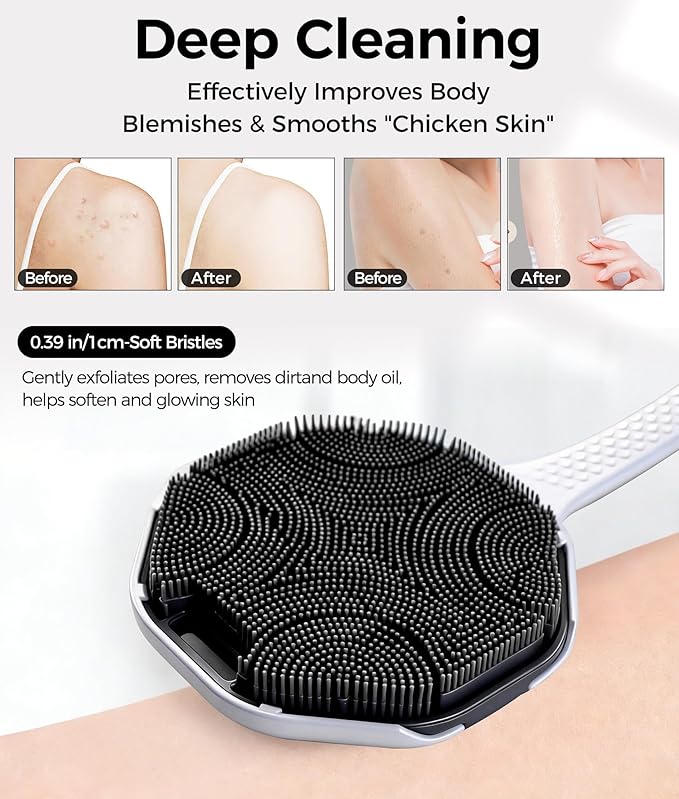 Silicone Body Scrubber with Long Handle, 2 Pack Soft Bristles Lathers Easily for Gentle Exfoliating & Deep Clean, Rich Foam, Durable Back Bath Brush (Black + Pink)