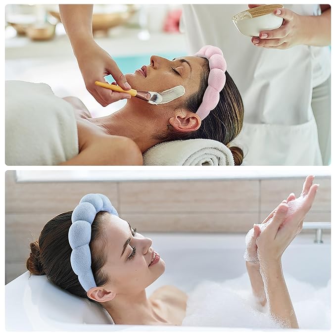 Spa Headbands for Face Washing, Facials, Masks & Skin Treatments, Set of 2, 100% Cotton Terry Cloth, Plush Soft Absorbent Headband, Pink & Blue