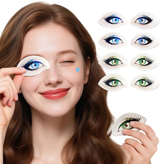 NEWGO Gel Ice Pack for Eyes, Reusable Cooling Eyes Patches with Funny Design, 4 Pairs Soft Cold Compress Therapy Eye Pads for Puffiness, Dark Circles, Migraines, Allergies, Fits All Eye Shapes