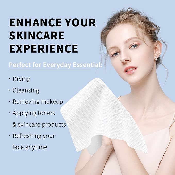 Disposable Face Towels, Ultra Soft Biodegradable Dry Wipes, 50 Count 10x10'' Large Towelettes for Cleansing, Makeup Remover, Skincare, Sensitive Skin, Nursing, Travel
