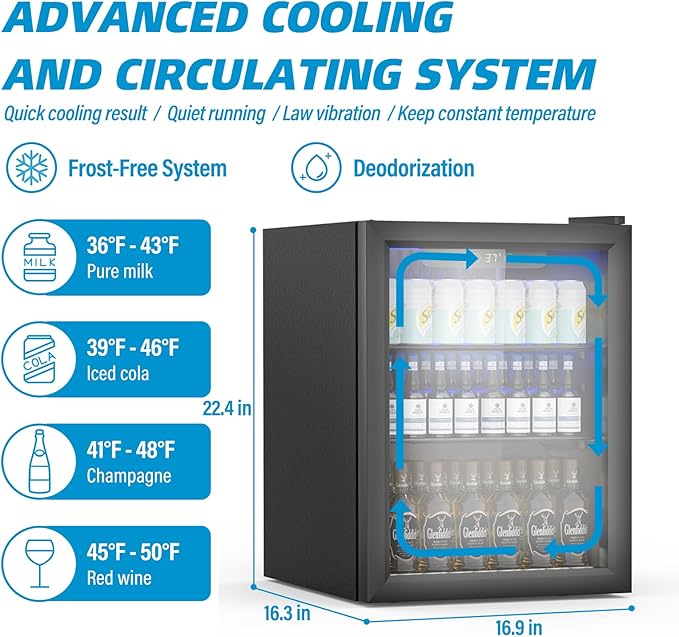 1.6 Cubic Feet Mini Fridge, 70 Can Freestanding Beverage Refrigerator with Glass Front Door for Soda, Beer Under Counter Small Refrigerator with Adjustable Shelves and Digital Display(Black)