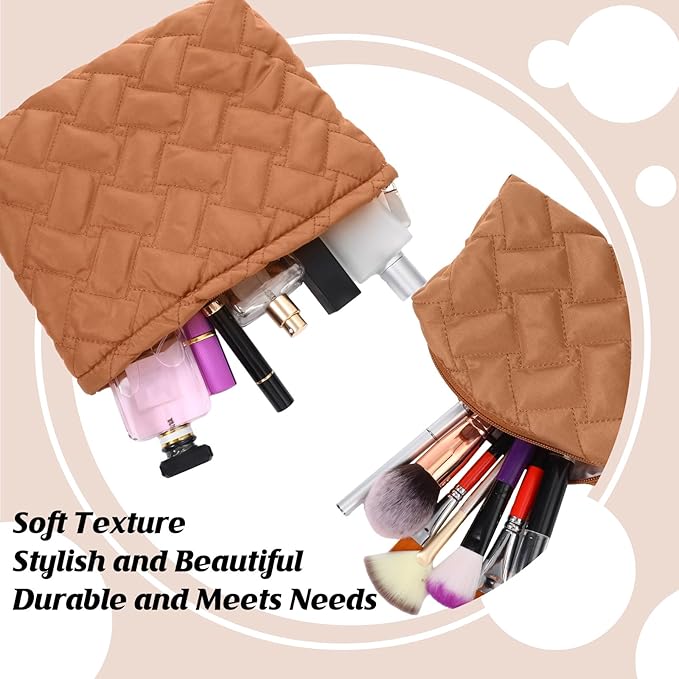2 Pc Christmas Gift Makeup Bag Set Cute Quilted Cosmetic Pouch for Women Travel Toiletry Bag Preppy Small Makeup Purse Pouch Skincare Brushes Storage Organizer Pencil Case Set(Brown)