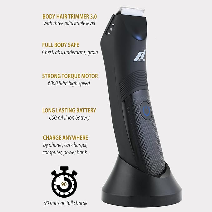 Fhuesion® Manscape Trimmer for Men -IPX7 Waterproof Ball Trimmer w/Light & Ceramic Blade, Body Groomer for Pubic/Body/Groin Grooming, Electric Razor Shavers USB-C Charging, No Nicks, Gifts for Him