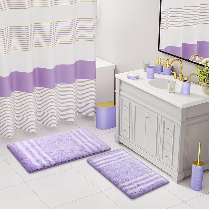 Bathroom Set - Bathroom Sets with Shower Curtain and Rugs, 25PC Bathroom Accessory Set, Purple Bathroom Accessories Set with Trash Can, Soap Dispensers