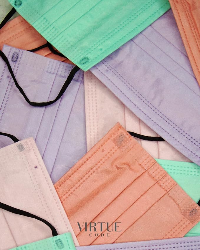 VIRTUE CODE Support Face Masks - Soft 3 Ply Comfort, Colorful Disposable 50 Pack. Pastel Colored for Adults, Men and Women