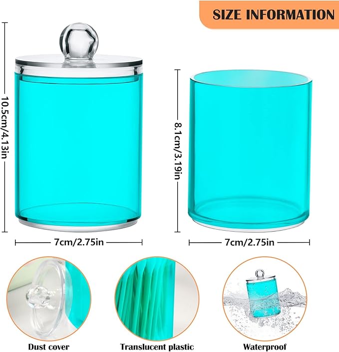 Teal Green Qtip Holder Organizer Dispenser Cotton Swabs Cans Plastic Jars with Lid Set 4 Pack Bathroom Storage Canister for Cotton Ball Floss Cotton Pads