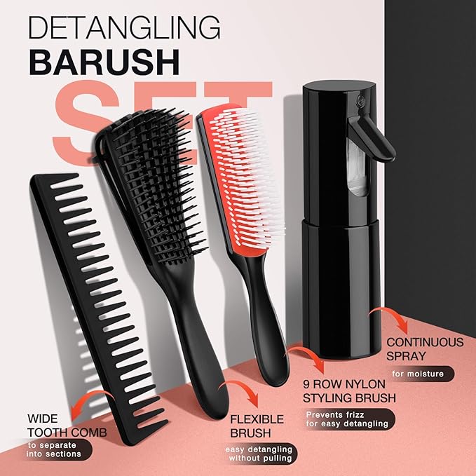 Hommtina Detangling Brush Set with Hair Spray bottle, Hair Brushes for Women and Kids Curly Hair (3 PCS, Black+Red)