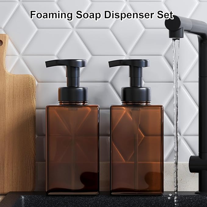 Amber Foaming Soap Dispenser, Refillable Foam Hand Soap Dispenser, Set of 2 Empty Foamer Pump Bottle, Brown Foaming Dispenser Bottles with Black Pump