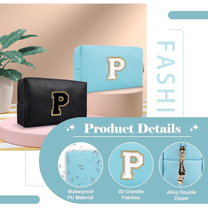 Small Personalized Initial A-Z Preppy Patch Makeup Bag,PU Chenille Letter Travel Cosmetic Pouch with Zipper,Blue Cute Toiletry Bag,Gift Ideal for Teen Girls Women Teacher Bridesmaid,Letter P