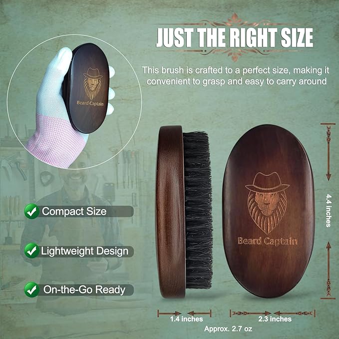 100% Boar Bristle Beard Brush for Man – Retro Wooden Handle, Promotes Beards Growth & Softens, Travel Size