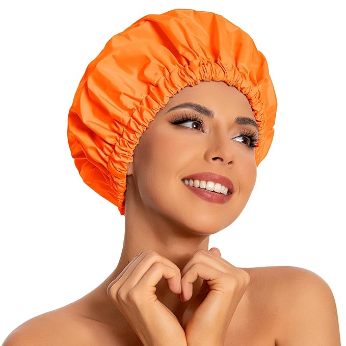 Reusable Shower Cap for Women, Large Waterproof Shower Essentials Bonnet Washable Elastic Band Bath Hair Wrap Hat for Long Hair, Braids(Orange)