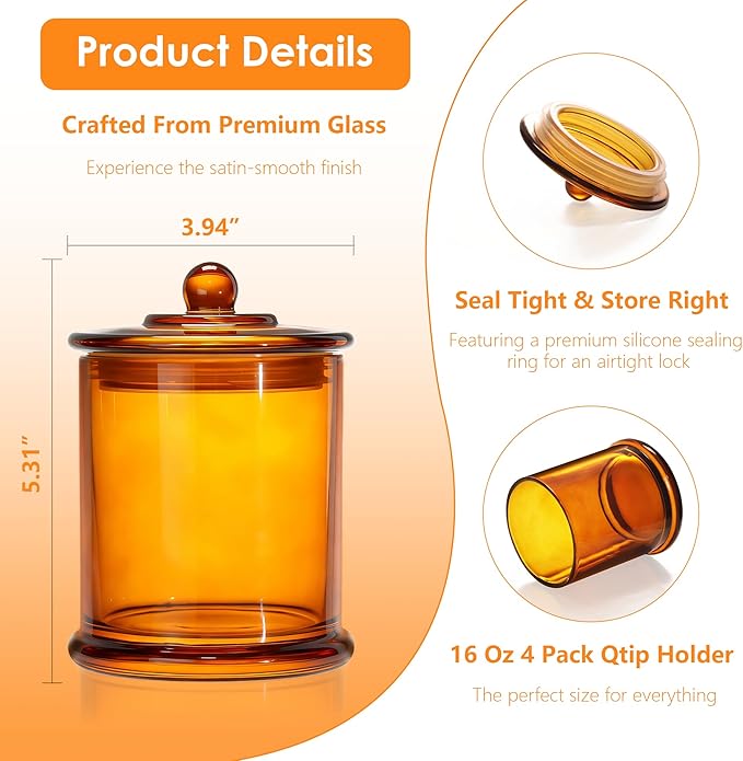 4 Pack Bathroom Organizers and Storage - 16 Oz Glass Qtip Holder & Cotton Pad Dispenser with Lid, Apothecary Jars for Home, Room Decor, Kitchen Organizer (Amber)