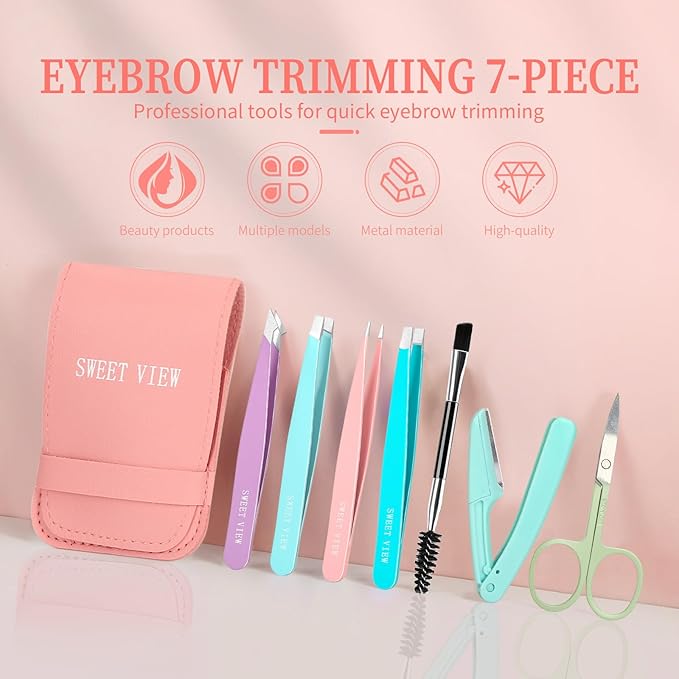 7pcs Eyebrow Tweezers Kit for Women Precision Plucker with Brow Scissors & Razor & Spoolie for Facial, Chin, Brow, Splinter and Ingrown Hair