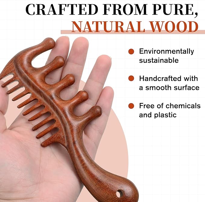 Vin Beauty 2 Pcs Wooden Scalp Massager Comb, Wood Scalp Massager 2 in 1 Wide Fine Tooth with Handle for Hair Growth for Curls Women Men Detangles Long Thick Wet Dry Head Anti-Static Care Relief