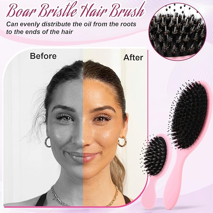 2 Pcs Pink Boar Bristle Hair Brush Set Full-size and Travel Size Soft Boars Hairbrushes Natural Bristle Detangling Brush for Women Men Thick Curly Hair Detangling Soften Silky Shine