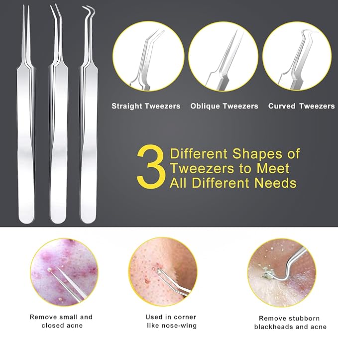 Pimple Popper Tool Kit - Boxoyx 10 Pcs Blackhead Remover Comedone Extractor Kit with Metal Case for Quick and Easy Removal of Pimples, Blackheads, Zit Removing, Forehead,Facial and Nose(All Silver)