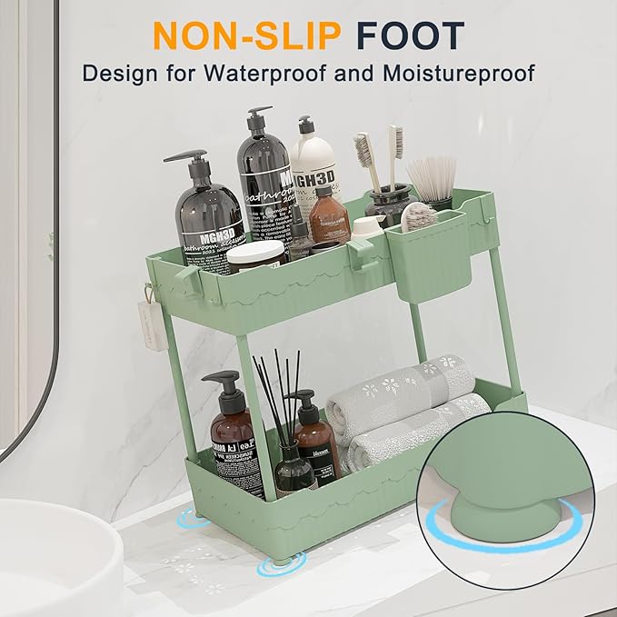 2 Pack Under Sink Organizer, Under Bathroom Cabinet Organizer with Hooks Hanging Cup, Multi-Purpose Storage Shelf for Kitchen Bathroom (Green, 12.8 Inch)