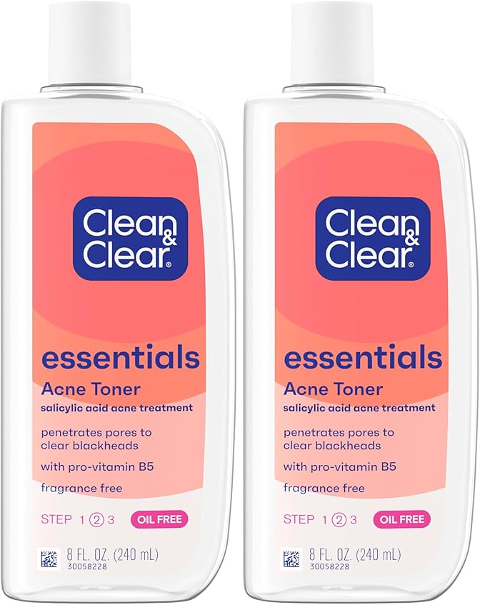 Clean & Clear Essentials Oil-Free Acne Toner, 2% Salicylic Acid Acne Treatment, Gentle Facial Toner for Pimples Cleanses Pores to Clear & Remove Blackheads, Fragrance Free, 8 fl. oz (Pack of 2)