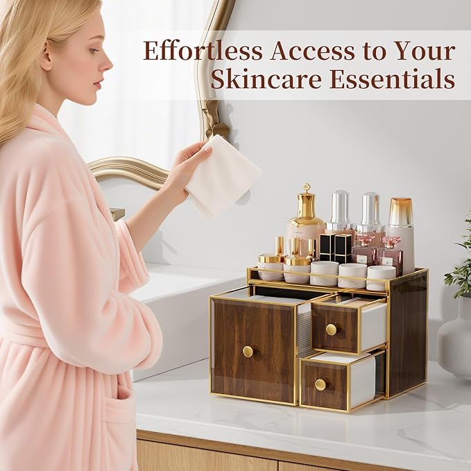 Tempered Glass Face Towel Holder with 3 Drawers, Bathroom Vanity Organizer for Disposable Face Towels, Cotton Pads, Swabs and Skincare