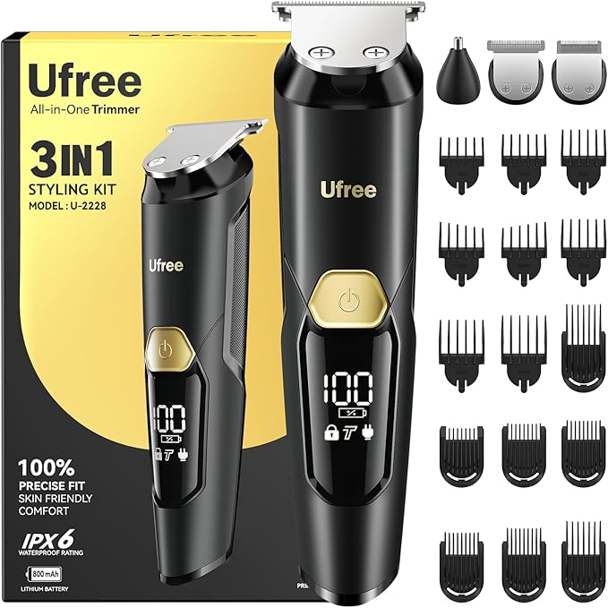 Ufree 3-in-1 Beard Trimmer for Men, Valentine Gifts for Men, IPX6 Waterproof Men's Electric Razor Shaver for Mustache, Professional Hair Trimmer Clippers, Type-C Body Grooming Kit