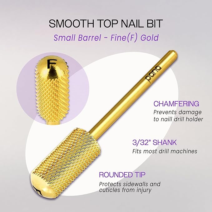 PANA 3/32" Shank Size Smooth Top Small Barrel Carbide - Nail Drill Bit for Dremel Machine Manicure Pedicure Nail Salon Tools Gel Polish & Acrylics Removal (Gold, Fine)
