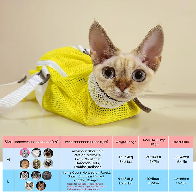Cinf Cat Bathing Bag(Free Muzzle) Breathable Mesh Anti Scratch Adjustable Cat Grooming Bag for Nail Trimming, Bathing Soft Cat Washing Bag(Yellow) M