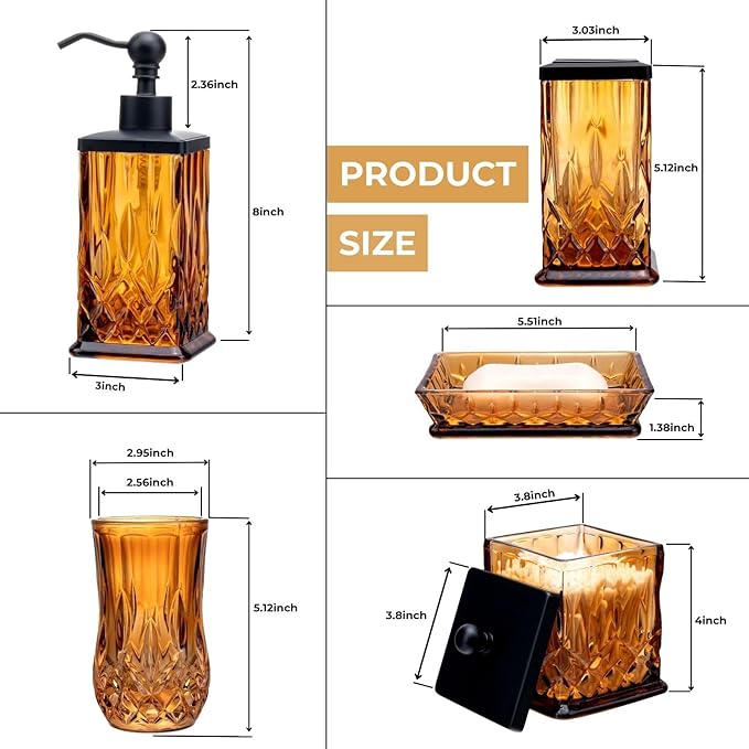 Bathroom Accessories Set,5 Pcs Amber Glass Bathroom Accessory Set,Complete Lotion Soap Dispenser,Toothbrush Holder,Soap Dish,Tumbler & Jar,Modern Bathroom Decor Sets Gift,Square