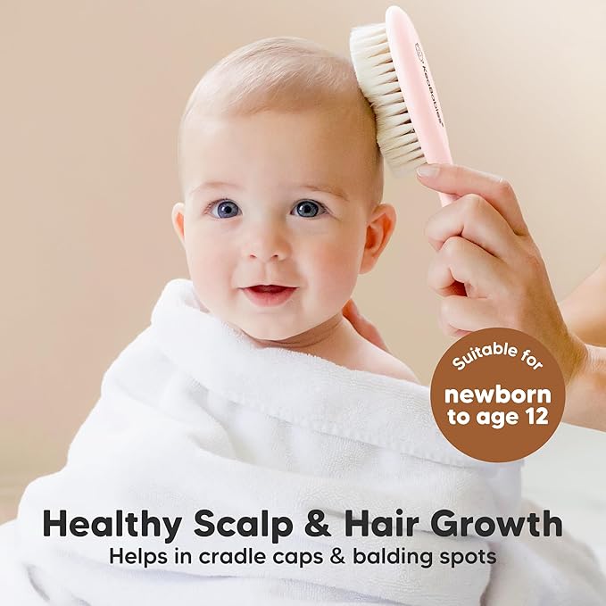 Wooden Baby Hair Brush - Cradle Cap Baby Brush with Soft Goat Bristles, Perfect Gentle Scalp Newborn Comb for Infant, Girls, Boys, Bath Essentials (Blush, Regular)